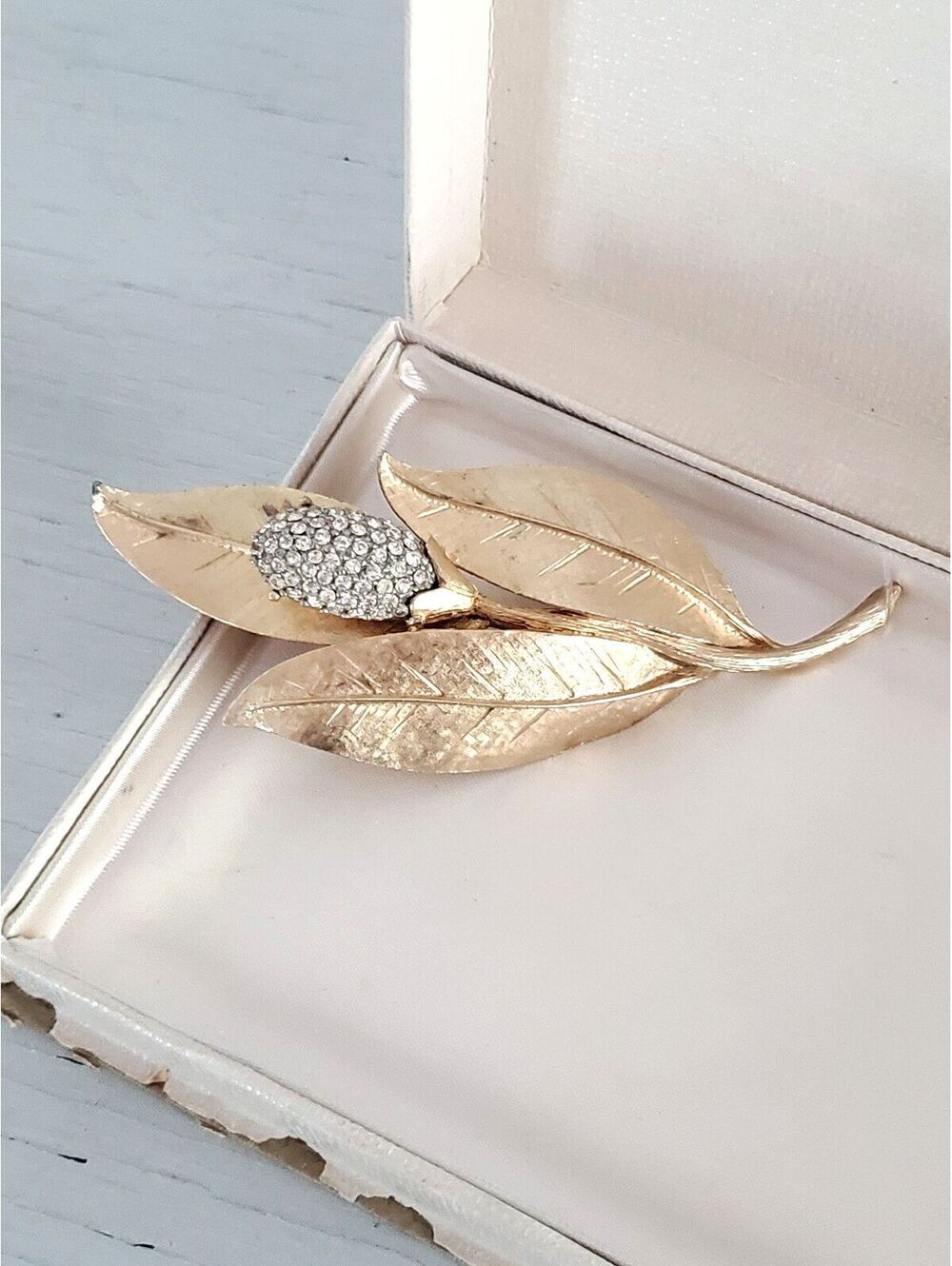Vintage Signed BSK Flower Pod Textured Gold Tone & White Rhinestone Large Brooch